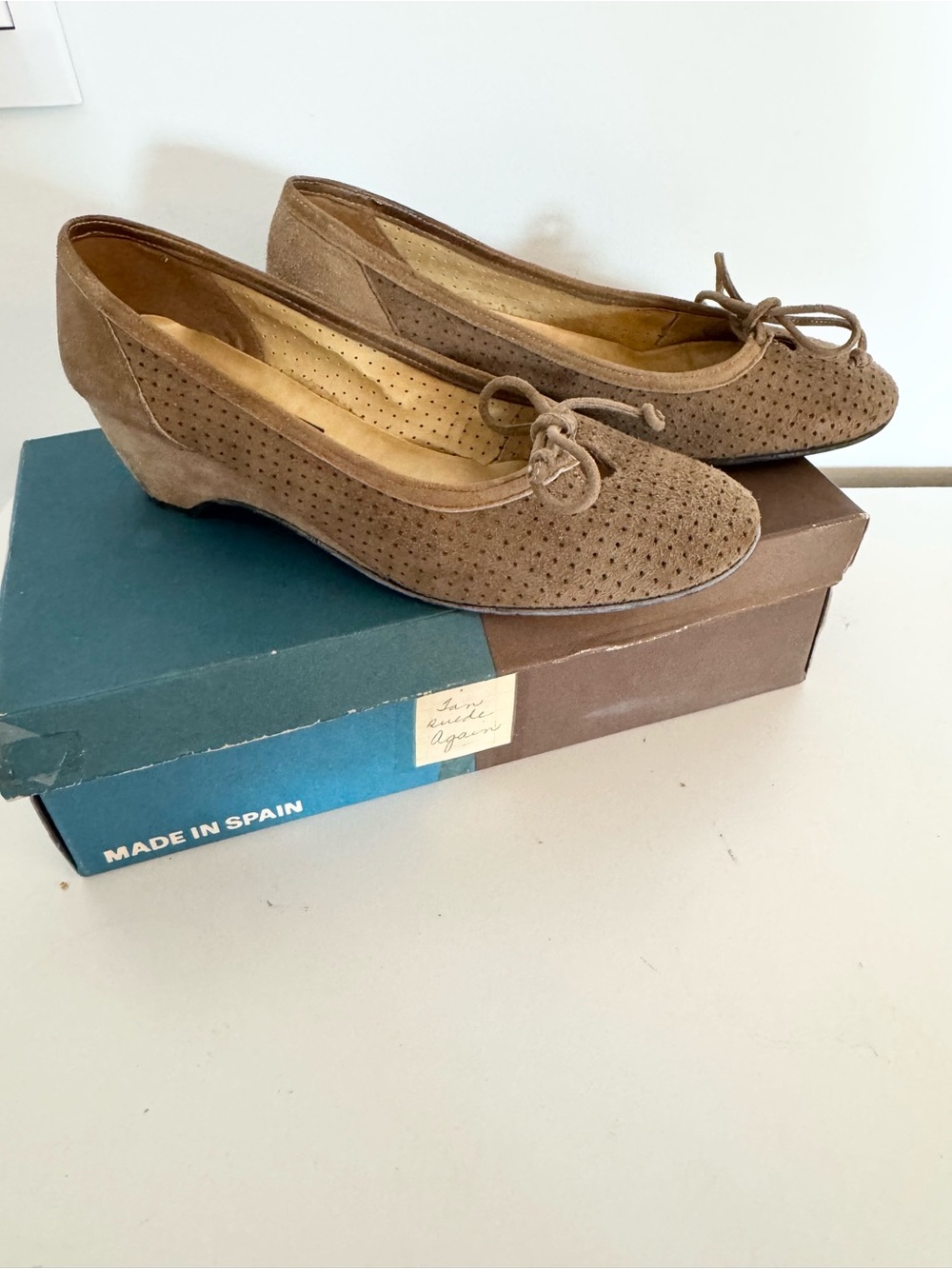 Vintage SRO Perforated Suede Bow Flats in Brown
